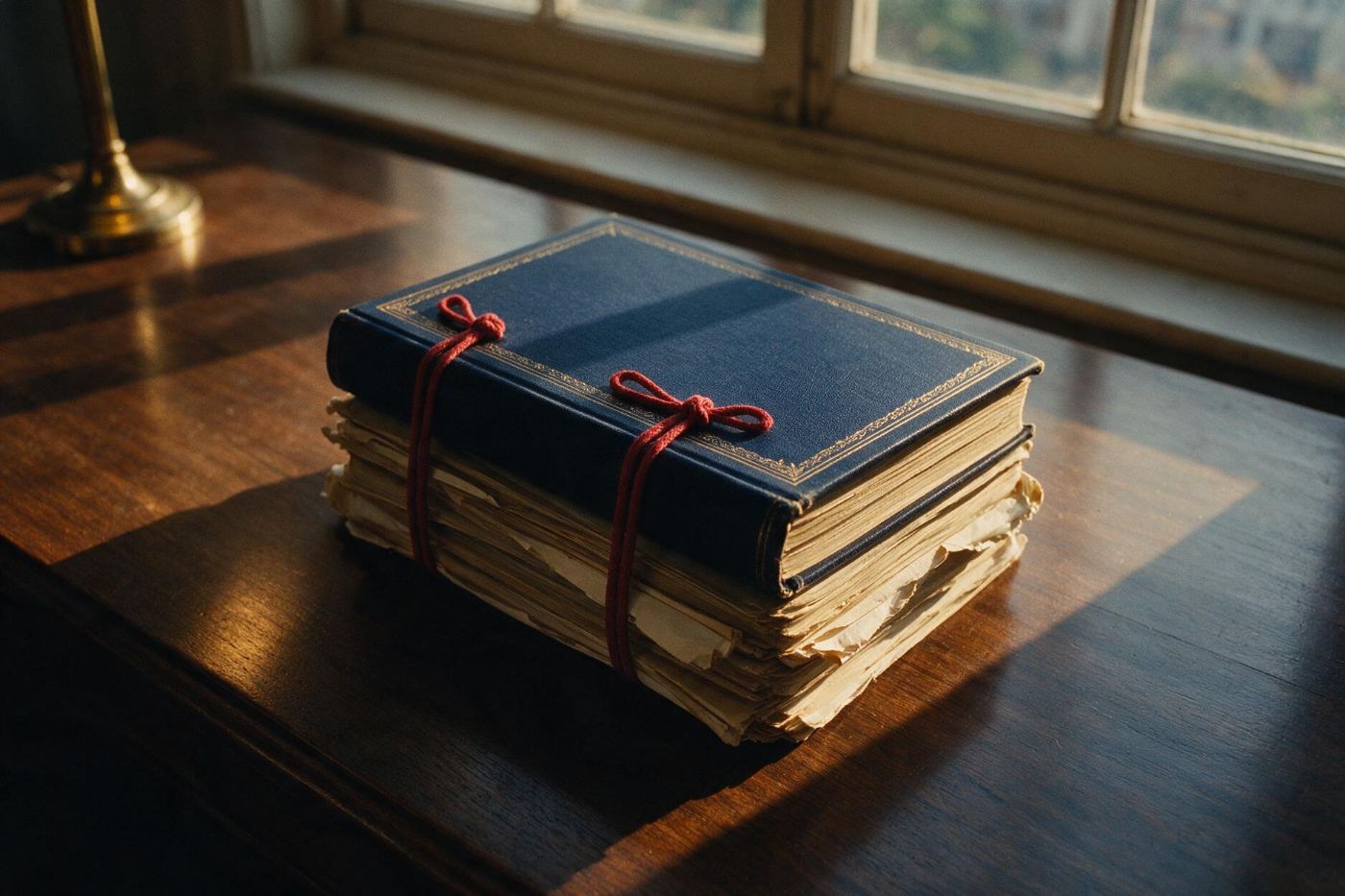 Bound case papers tied with red tape on a desk in raking window light