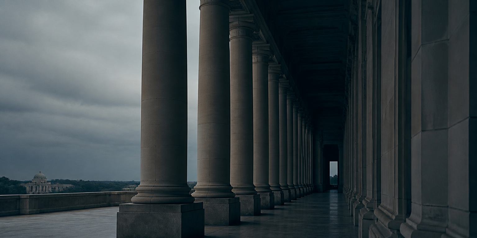 Colonnade of a neoclassical court building under overcast light