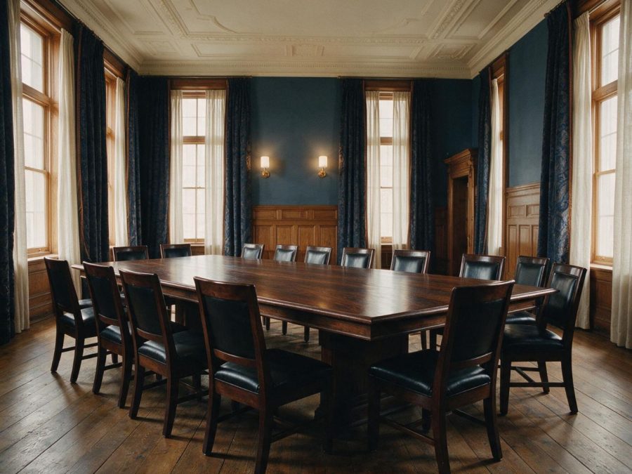Empty formal arbitration hearing room with a long polished table