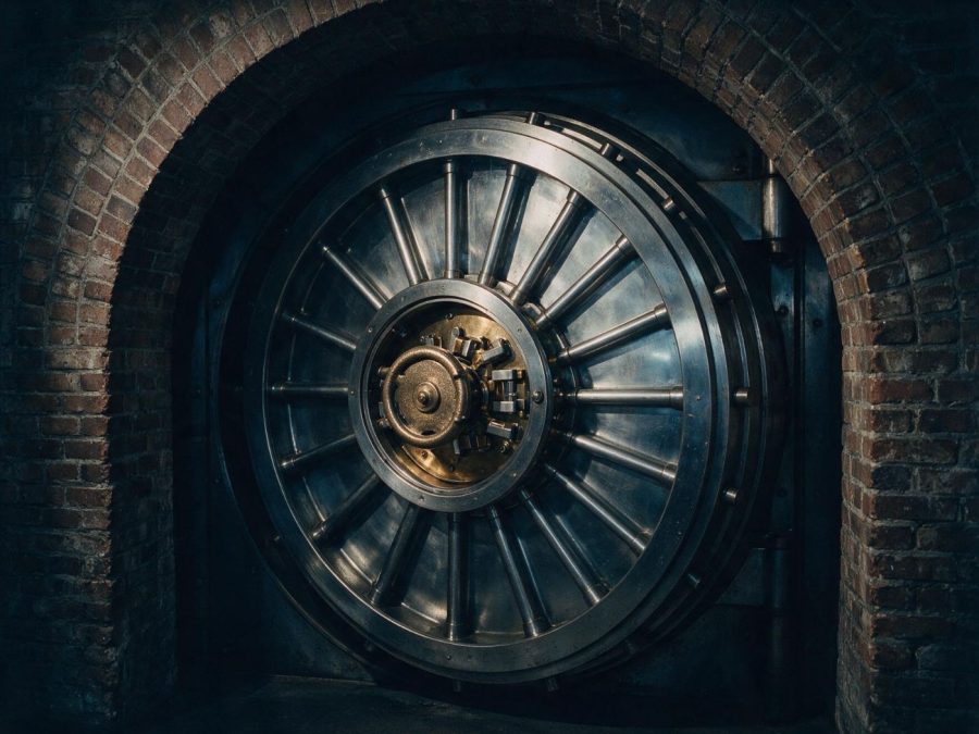 Closed steel bank vault door with a brass locking wheel