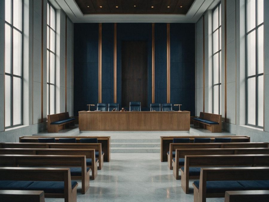 Empty tribunal courtroom with tiered wooden benches